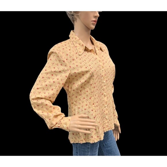 TOMMY HILFIGER Ladies Long SleeveBlouse Top MEDIUM Pleated GOLD With Roses - Picture 3 of 6